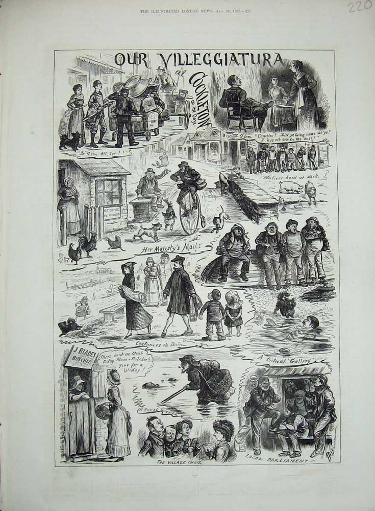 Old Antique Print 1882 Villeggiatura Cockleton Mail People Butcher Choir 19th