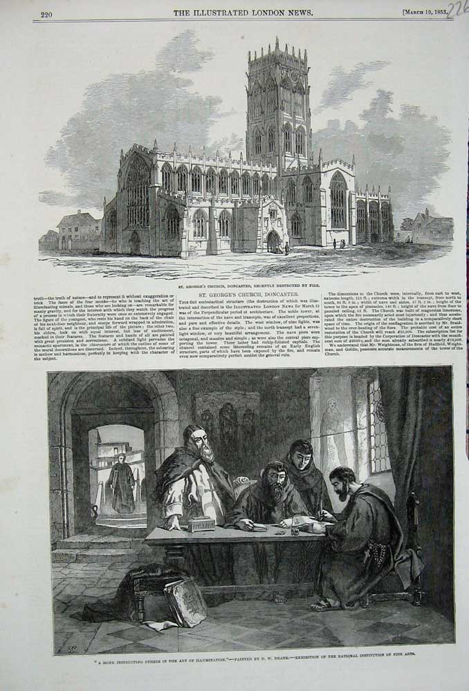 Original Old Antique Print 1853 George'S Church Doncaster Monk Art Illumination