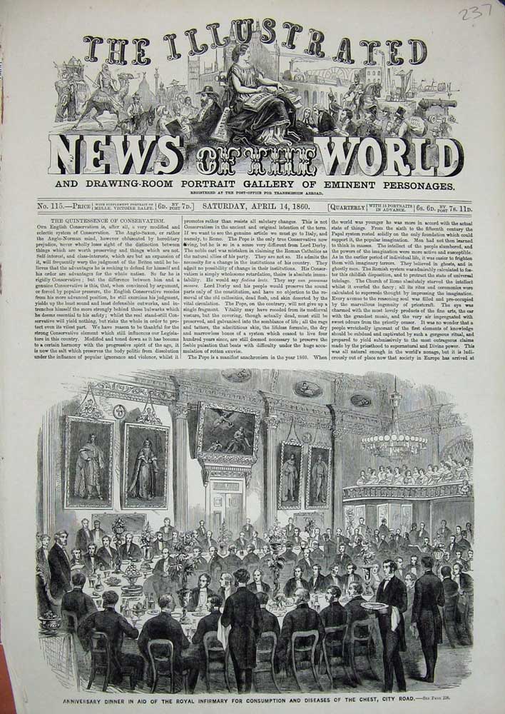Original Old Antique Print 1860 Anniversary Dinner Infirmary Hospital Diseases