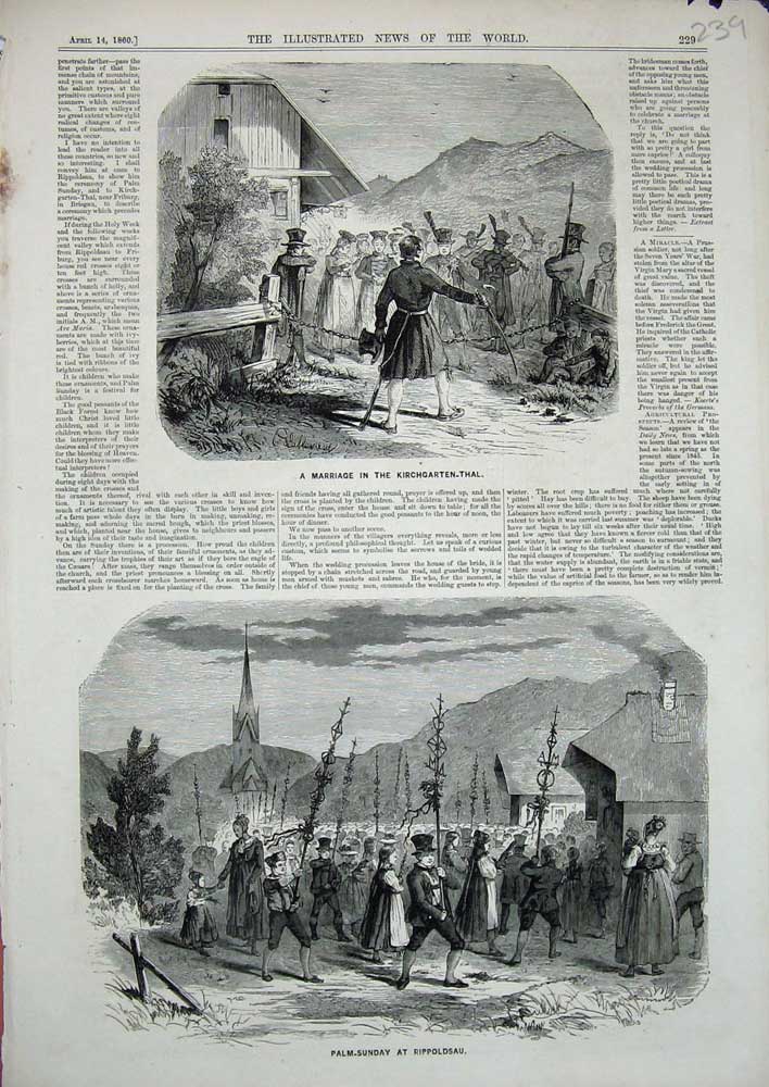 Original Old Antique Print 1860 Palm Sunday Rippsau Marriage Kirchgarten-Thal
