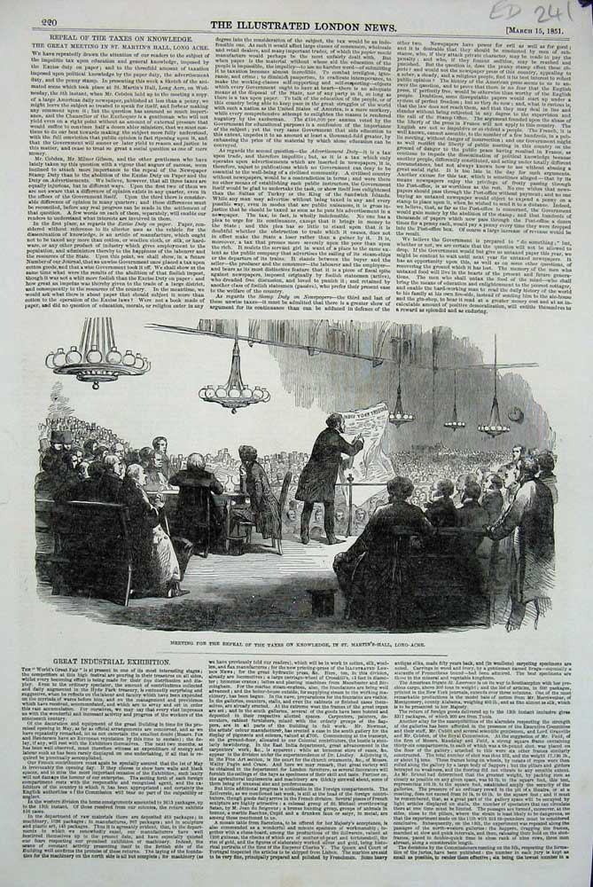 Old Antique Print 1851 Meeting Repeal Taxes Knowledge Martin'S-Hall Men 19th