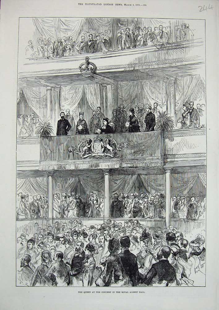 Original Old Antique Print 1876 Queen Concert Royal Albert Hall Audience People