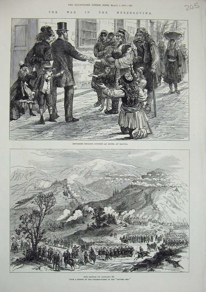Old Antique Print 1876 War Herzegovina Battle Mountains Hotel Ragusa Army 19th