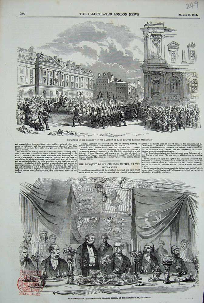 Original Old Antique Print Banquet Charles Napier Pall-Mall 1854 Garrison Paris