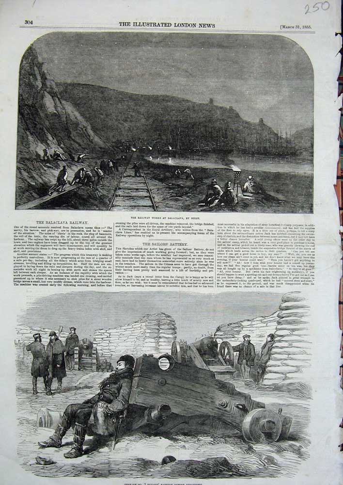 Old Antique Print 1855 Railway Balaclava Sailors Battery Sebastopol War 19th