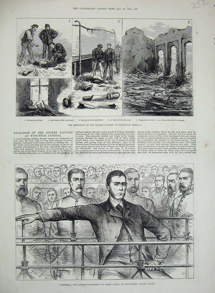 Old Antique Print 1883 O'Donnel James Carey Police Court Rocket Woolwich 19th