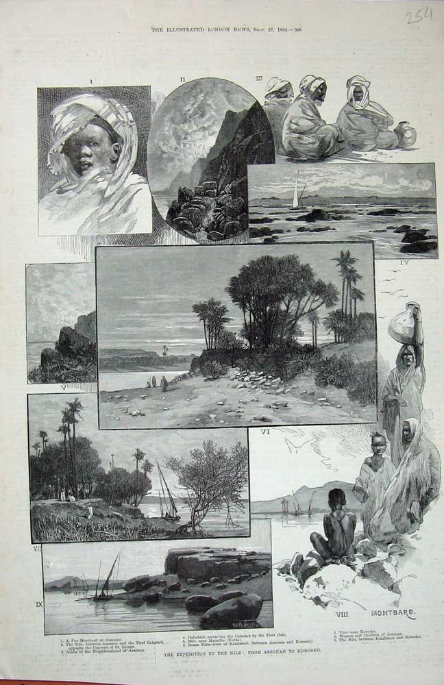 Original Old Antique Print 1884 River Nile Assouan Korosko Cataract Egypt Arabs