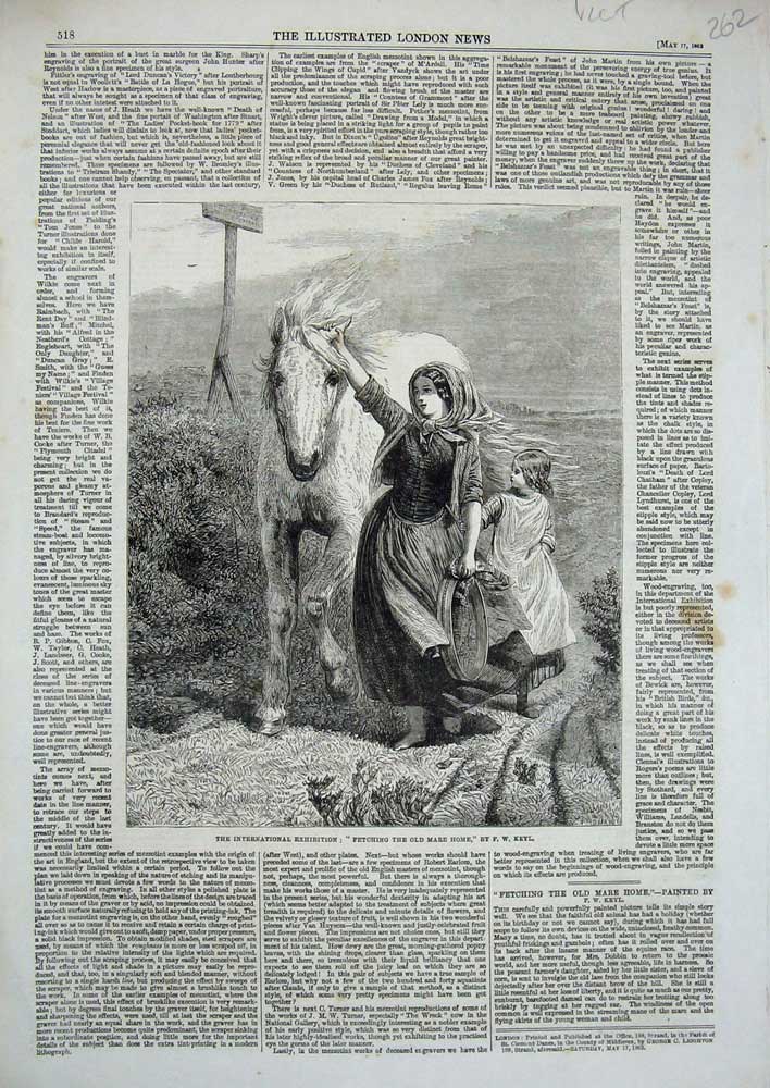 Original Old Antique Print 1862 Internation Exhibition Woman Mare Horse Country