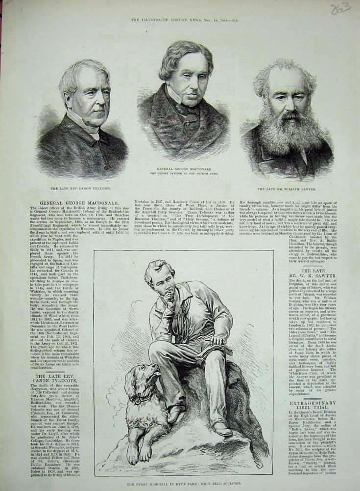 Old Antique Print Byron Memorial Hyde Park 1882 Tylecote Macdonald Sawyer 19th