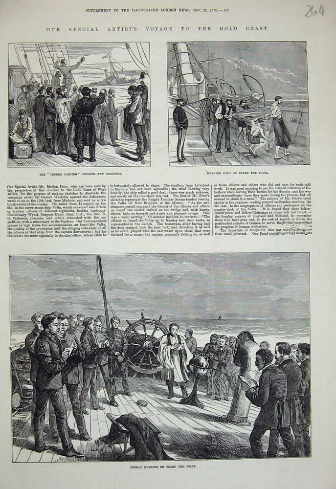 Original Old Antique Print 1873 Ship Volta GCoast Brighton Sunday Service War