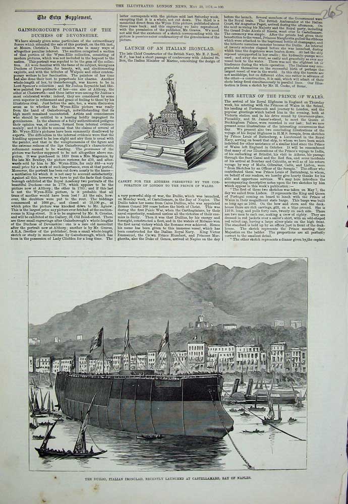 Old Antique Print 1876 Duilio Italian Ironclad Ship Naples Casket Prince 19th