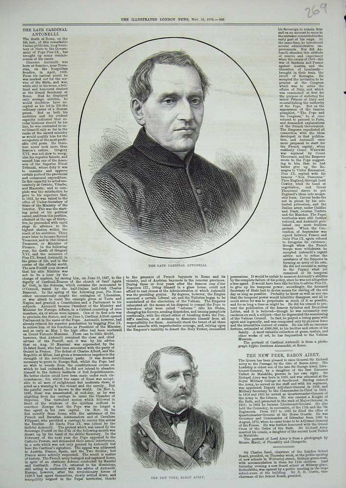 Old Antique Print 1876 Cardinal Antonelli New Peer Baron Airey Portrait 19th