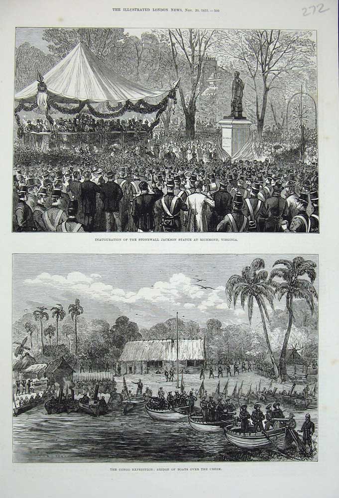 Old Antique Print 1875 Stonewall Jackson Statue Virginia Congo Boats War 19th