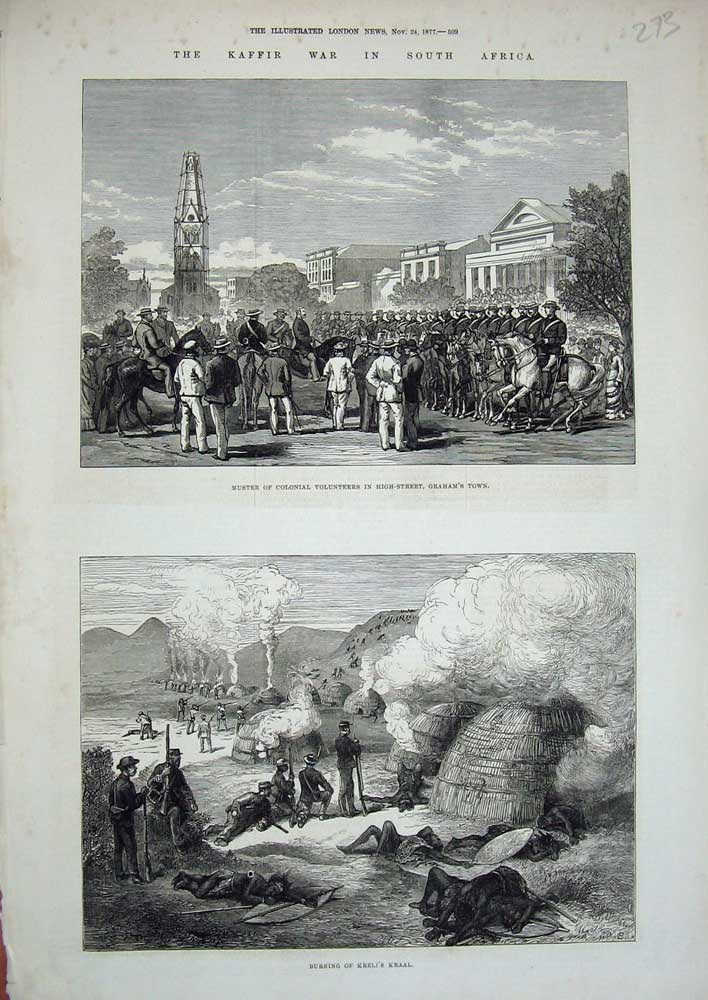 Original Old Antique Print Kaffir War Africa 1877 Kreli'S Kraal Graham'S Siers