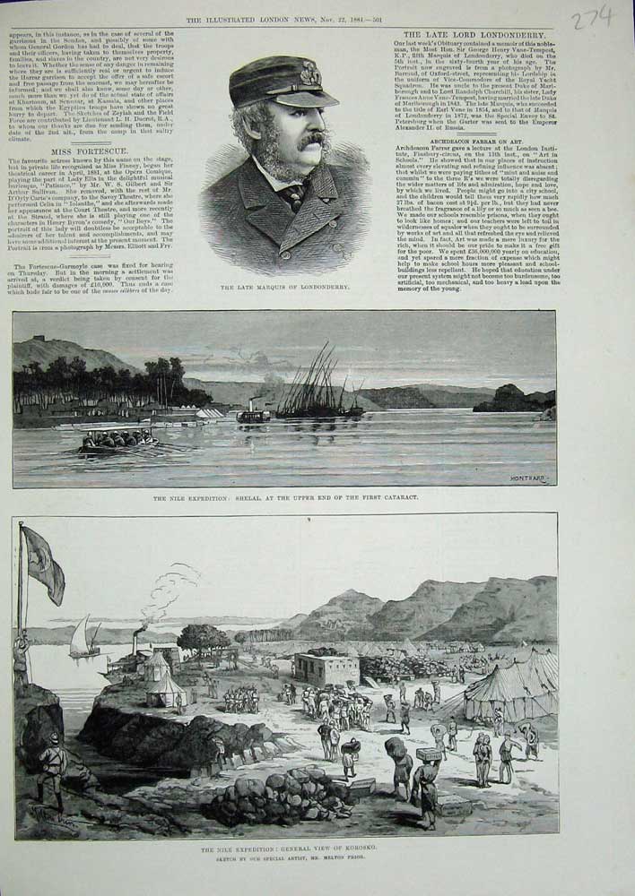 Old Antique Print 1884 Marquis Londonderry Nile River Shelal Ship Korosko 19th