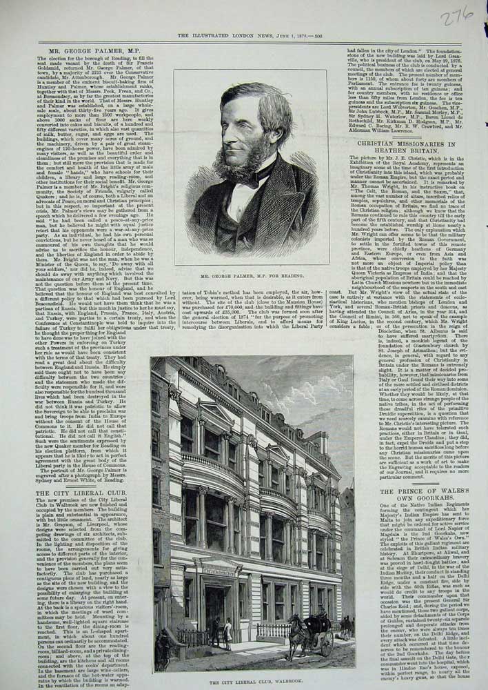 Antique Old Print *0266 1878 George Palmer Reading City Liberal Club Walbrook