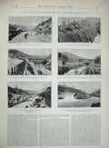 Original Old Antique Print 1869 River Bed Mining California America Dam Flume