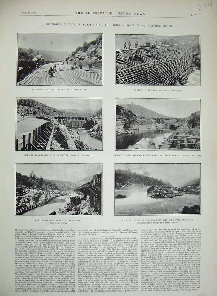 Original Old Antique Print 1869 River Bed Mining California America Dam Flume