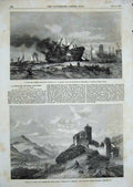 Original Old Antique Print 1856 Dutch Indiaman Hove Ship Castle Church Valerie