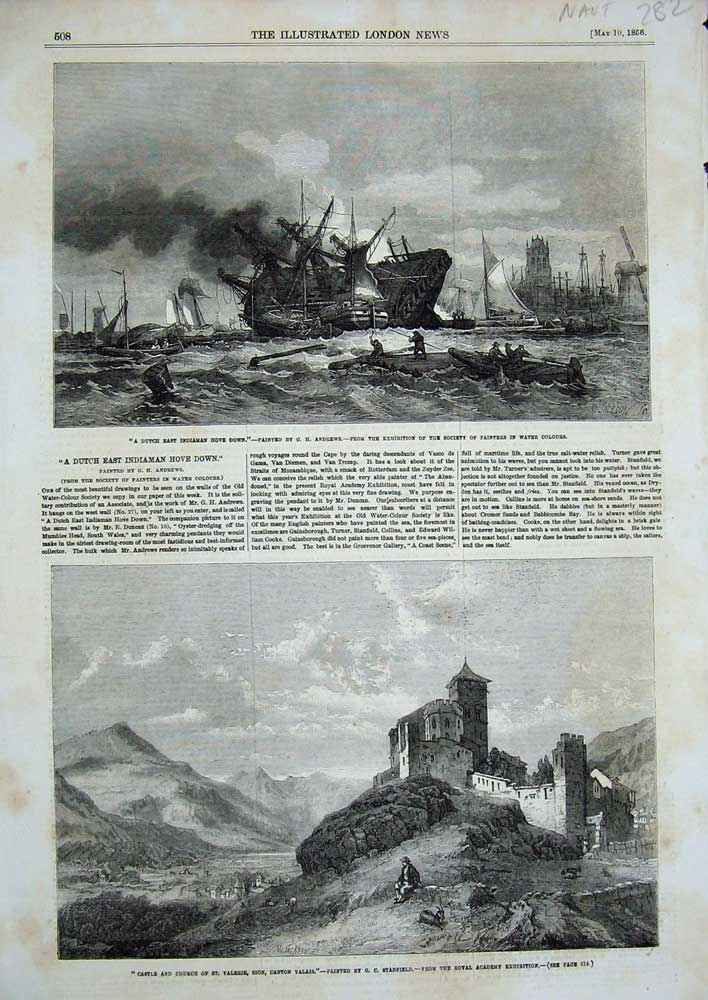 Original Old Antique Print 1856 Dutch Indiaman Hove Ship Castle Church Valerie