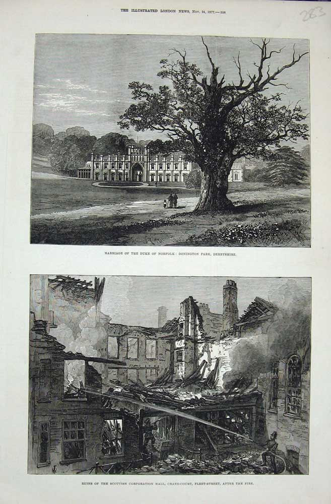 Original Old Antique Print 1877 Duke Norfolk Donington Derbyshire Fire London