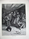 Original Old Antique Print 1891 Sailor Dancing Music Dog Violin Wollen Fine Art