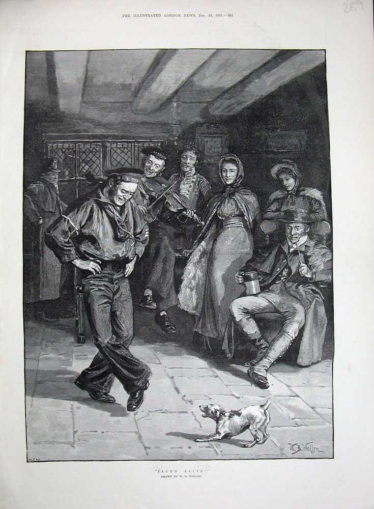 Original Old Antique Print 1891 Sailor Dancing Music Dog Violin Wollen Fine Art