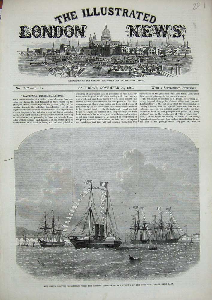 Original Old Antique Print 1869 Delta Ship Marseilles Seuz Canal British Fleet