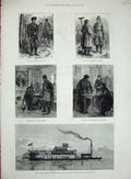 Old Antique Print 1880 Ship River Magdalena America Russian Cossack War 19th