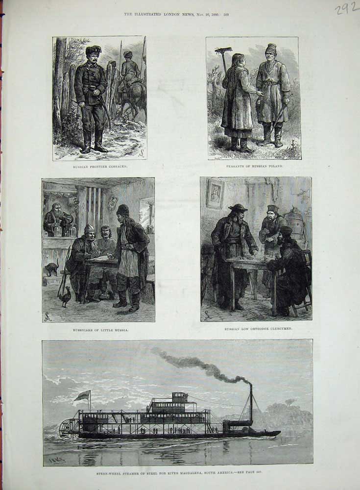 Old Antique Print 1880 Ship River Magdalena America Russian Cossack War 19th