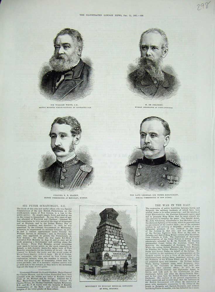 Original Old Antique Print Monument Russian Officers 1885 Sladen Nelidoff White