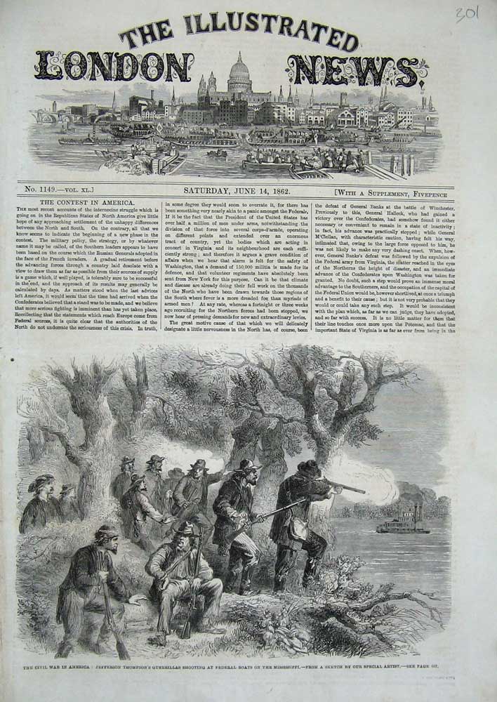 Old Antique Print 1862 Civil War America Thompson Guerrillas Mississippi 19th