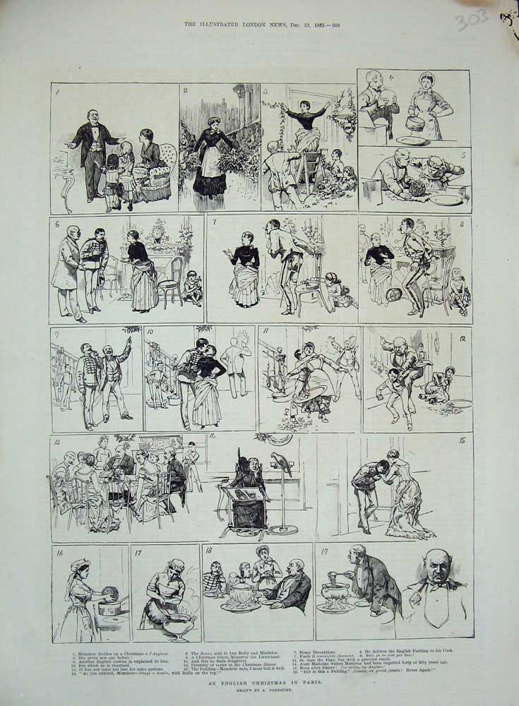 Original Old Antique Print 1883 English Christmas Paris France Children Dinner