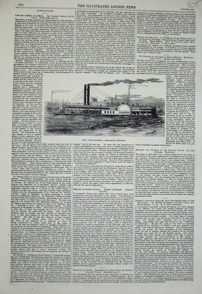 Original Old Antique Print 1869 Philadelphia Mississippi River Steamer America