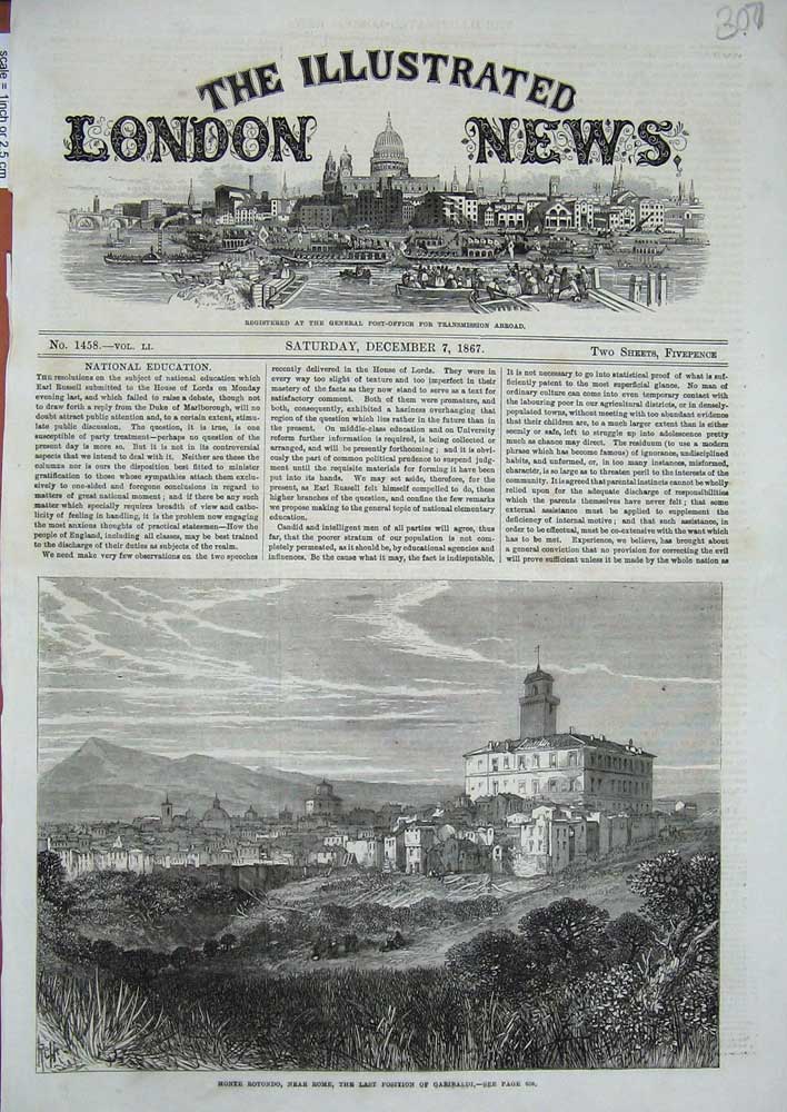 Original Old Antique Print 1867 Monte Rotondo Rome Garibaldi Mountains House
