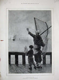 Original Old Antique Print 1887 Fishermen Sailors Wife Little Boy Boat 19th
