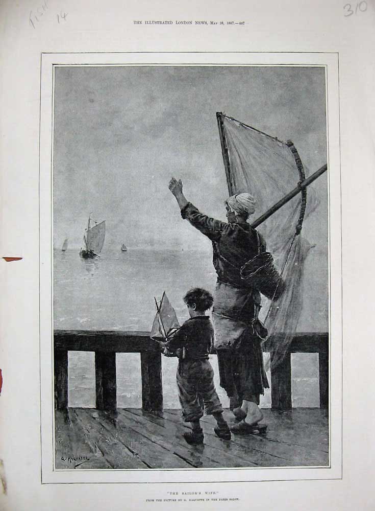 Original Old Antique Print 1887 Fishermen Sailors Wife Little Boy Boat 19th