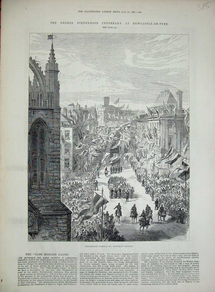 Old Antique Print 1881 George Stephenson Newcastle-On-Tyne Church Horses 19th