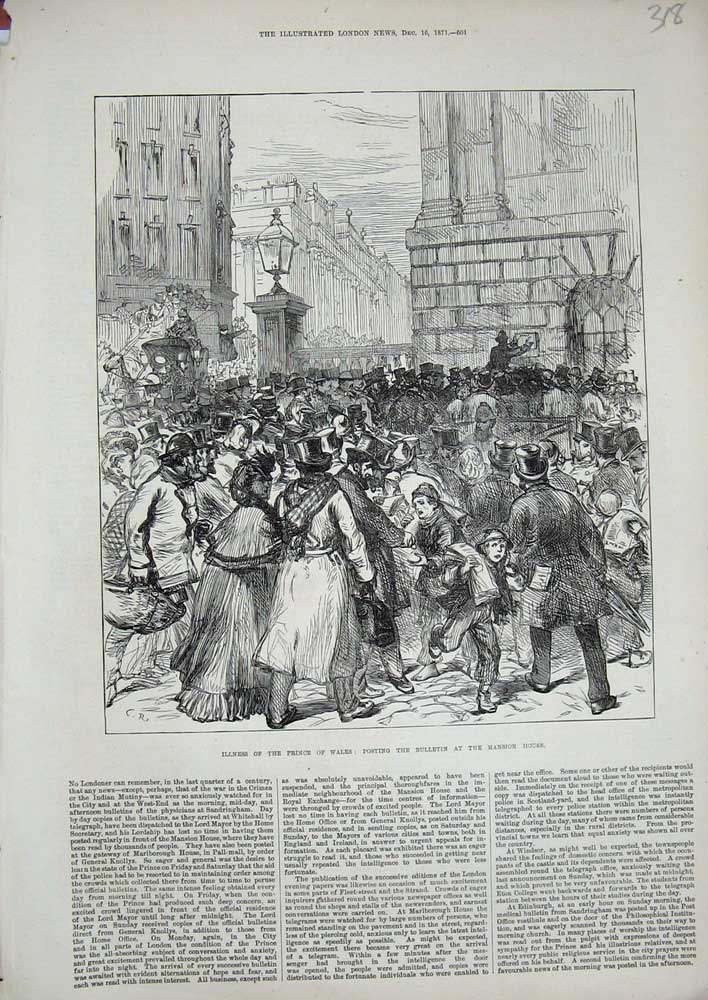 Old Antique Print Illness Prince Wales 1871 Bulletin Mansion House People 19th