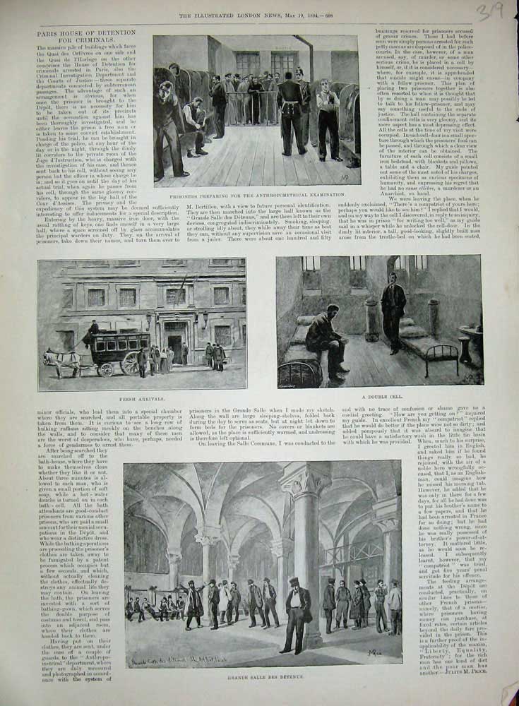 Original Old Antique Print 1894 Grande Salle Des Detenus Paris Prison Prisoners