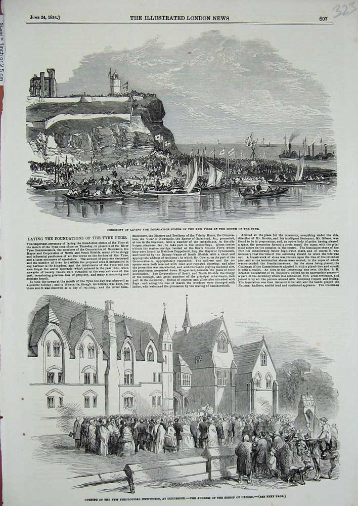 Old Antique Print 1854Cuddesden Theological Pier River Tyne Bishop Oxford 19th