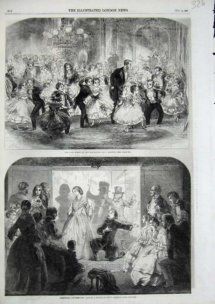 Original Old Antique Print 1859 Christmas Amusements Mistletoe Children Dancing