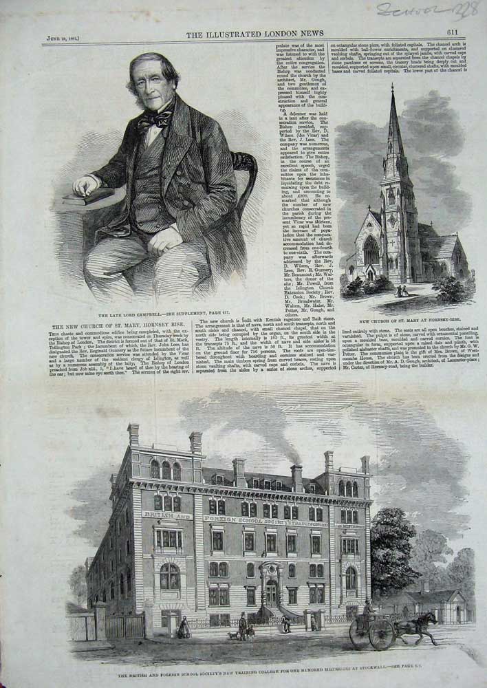 Old Antique Print 1861 Campbell Church Hornsey School College Stockwell 19th