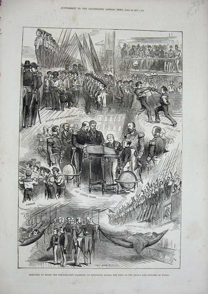 Old Antique Print 1877 Training-Ship Warspite Woolwich Prince Wales War 19th