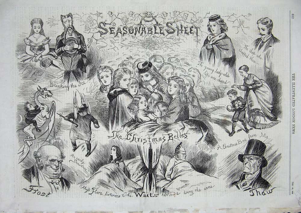 Original Old Antique Print 1868 Christmas Belles Ice Presents Childrens Winter