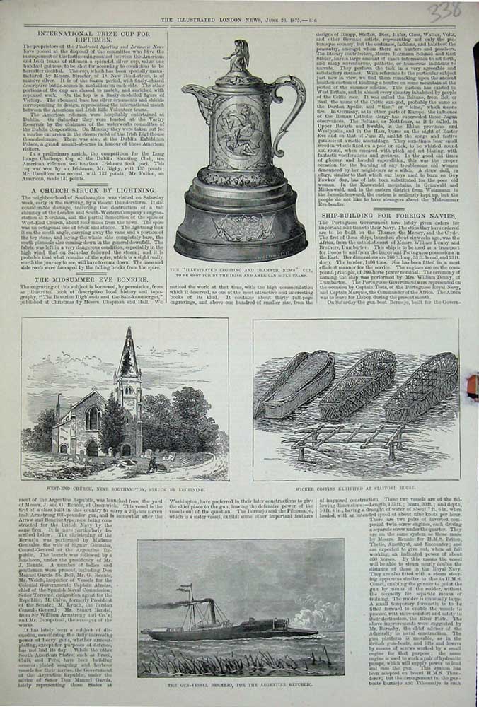 Old Antique Print 1875 Gun Ship Bermejo Argentine Church Southampton Cup 19th