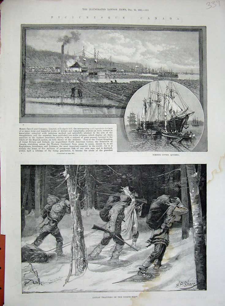 Old Antique Print 1885 Canada Timber Coves Quebec Indian Trappers Hunting 19th