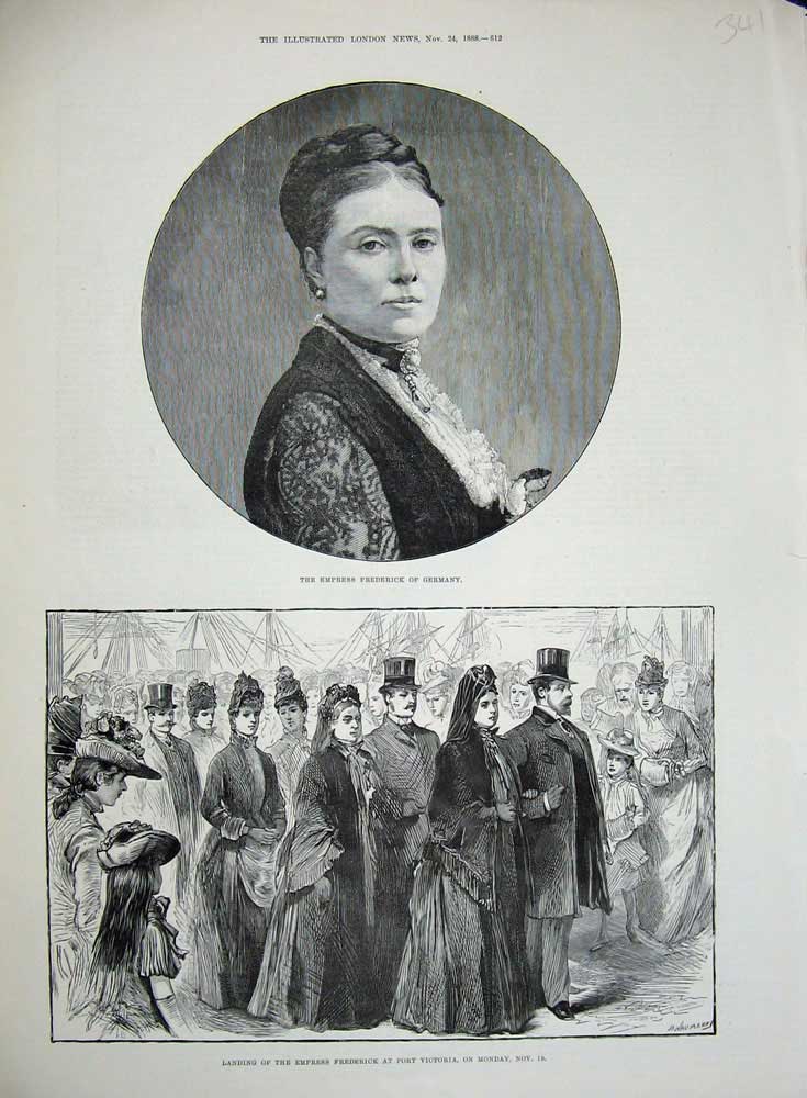 Old Antique Print 1888 Lady Empress Frederick Germany Port Victoria Ship 19th