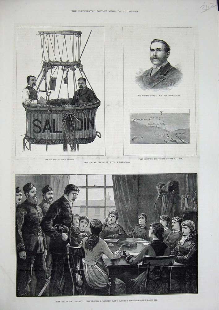 Old Antique Print 1881 Ireland Ladies Meeting Balloon Saladin Powell M.P 19th