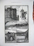 Original Old Antique Print 1885 Rye Sussex Landgate Tower Church Harbour Town